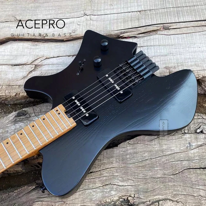 Acepro Headless Electric Guitar, P90 Pickups, Black Ash Body, Roasted Maple Neck, Stainless Steel Frets, Quality Guitarra