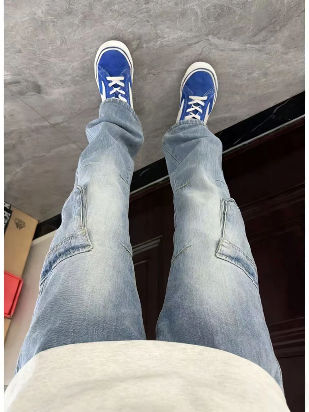 

Retro American Light Blue Bell Bot Men's Jeans Loose Slimming Knife Straight Workwear Pants Tee-Dimensional ket