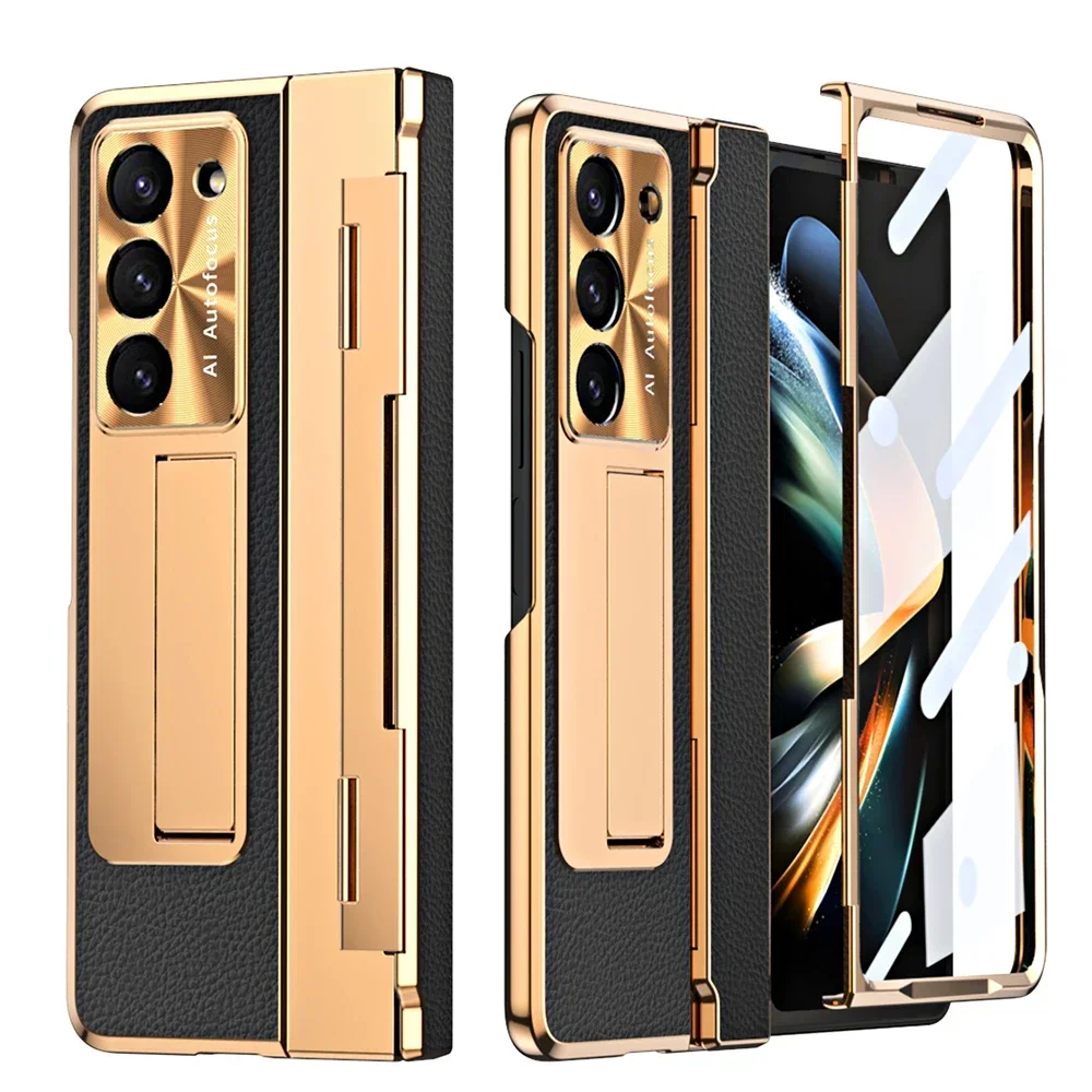 Z Fold 6 Fold 6 5 4  Case Leveling Hinge Capa for Samsung Galaxy Z Fold 6 5 4 3 5G Cases Plating Leather Stand Cover Front Glass