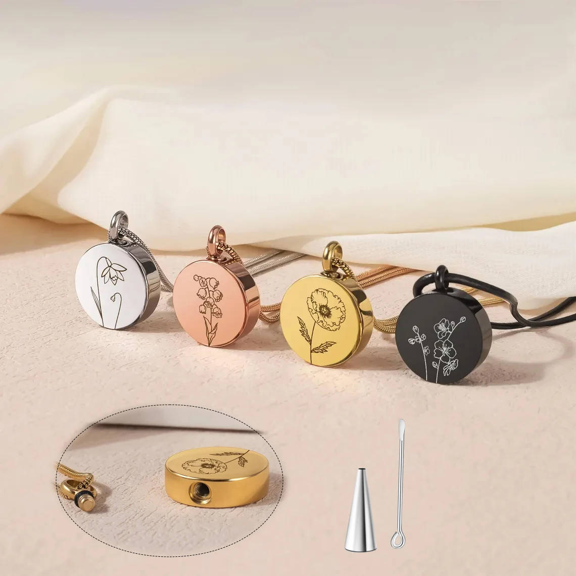 Round Urn Necklace for Ashes Personalized Birth Flower Pendant Keepsake Necklace Memorial Cremation Jewelry Gift