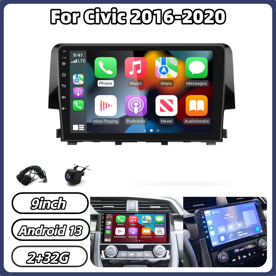 9In 2+32G Android 13 Car Stereo Radio GPS Navigation Head Unit For Civic 2016-2020 Wireless For Carplay Android Auto Bluetooth