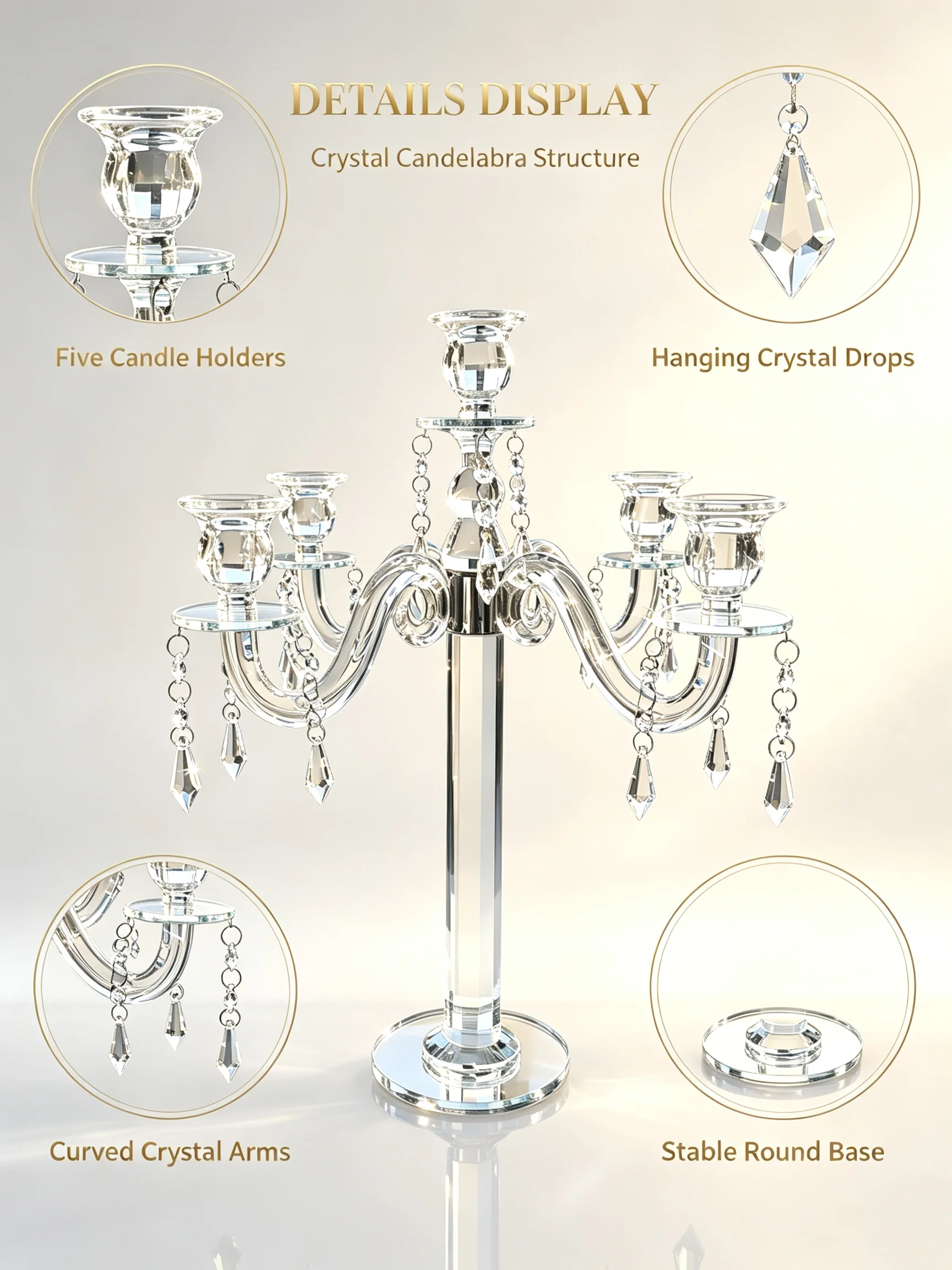 Luxury 5 Arms Crystal Candle Holder for Wedding Centerpiece Factory Direct Bulk Supply Custom Design for Wholesaler
