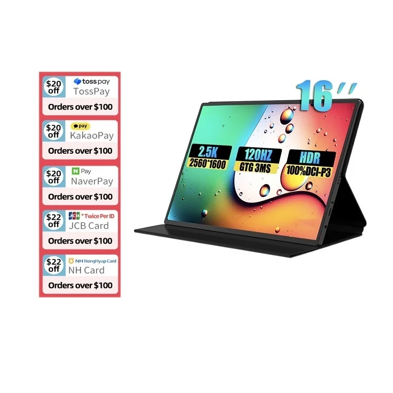 New! 16 Inch 2.5K 120Hz Portable Monitor 2560*1600 16:10 100%sRGB 480Cd/m² Display Game Screen For Laptop Mac Phone Xbox PS4/5