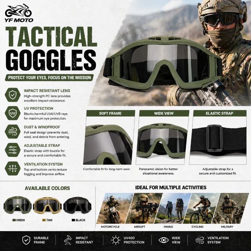

Tactical Goggles with 3 Replaceable Lenses Windproof Sandproof Anti Fog for Shooting Motocross CS Airsoft Outdoor Activities