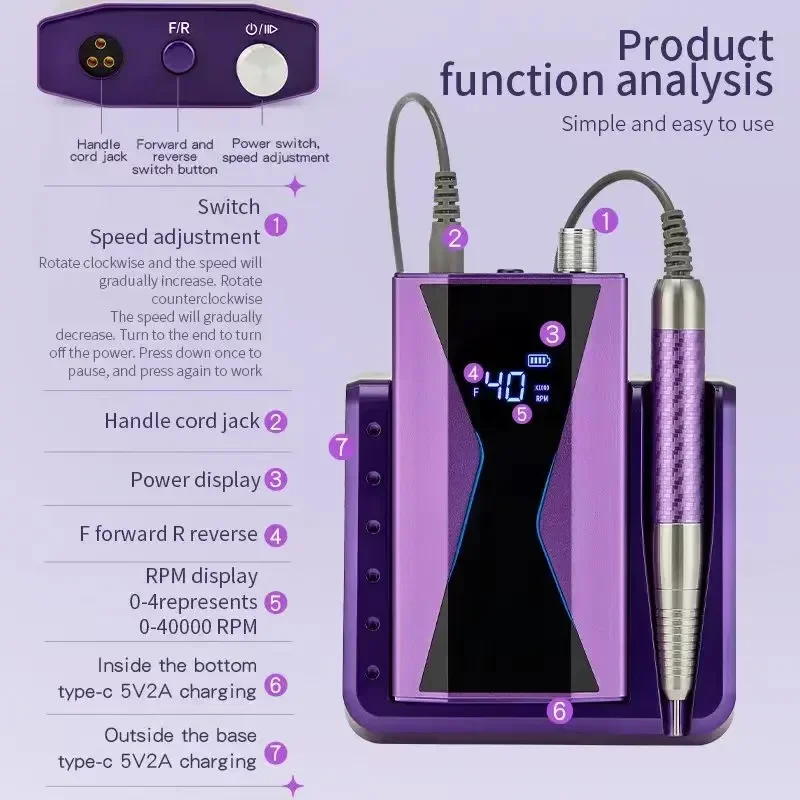 3 Colors Strong Brushless Nail Drill Rechargeable Portable Professional 40000RPM Electric Nail Drill Machine Purple Nail Art