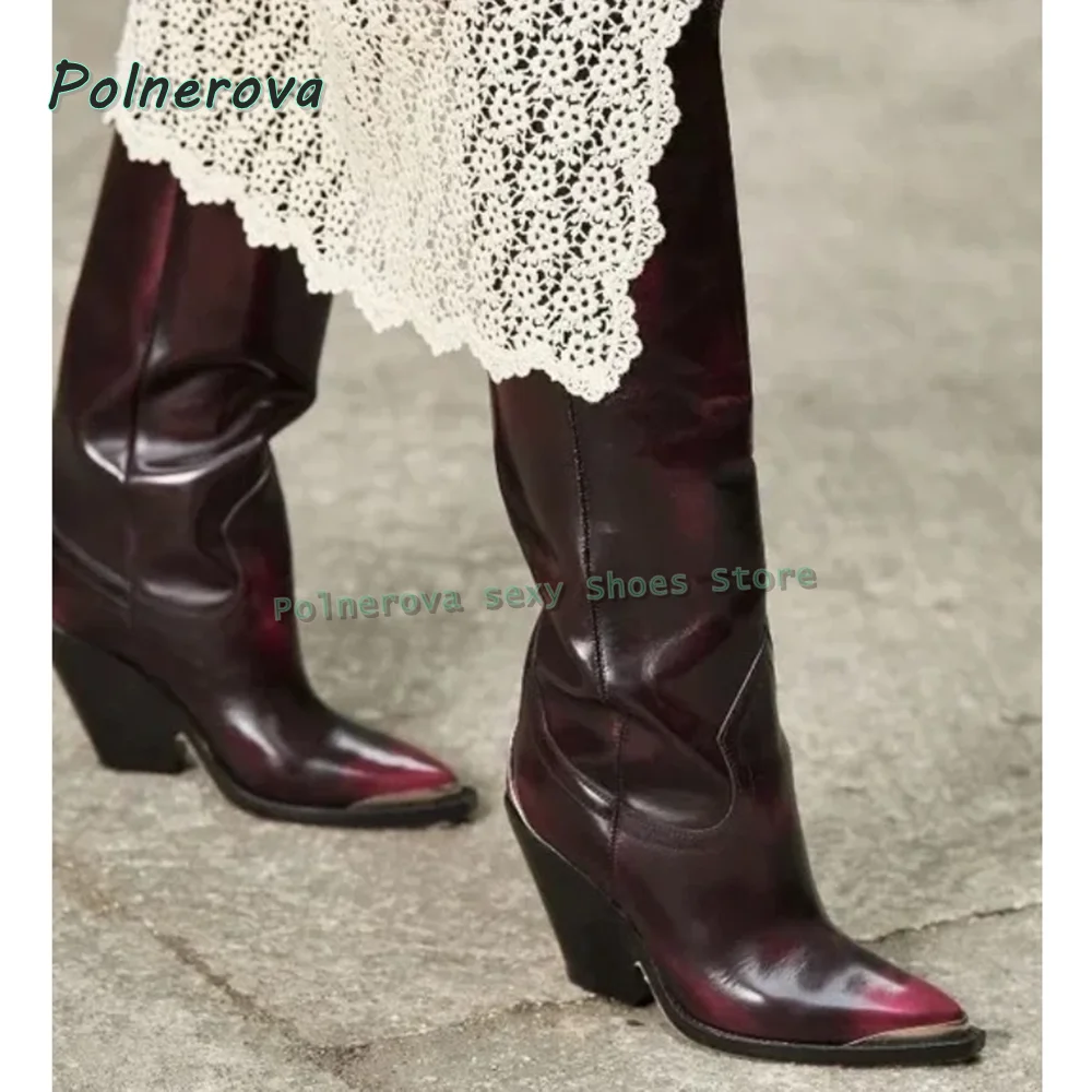 

Purple Sewing Patchwork Cowboy Boots Metal Decoration Block Heeled Ankle Boots Pointed Toe Plus Size Fashion Women Autumn Shoes