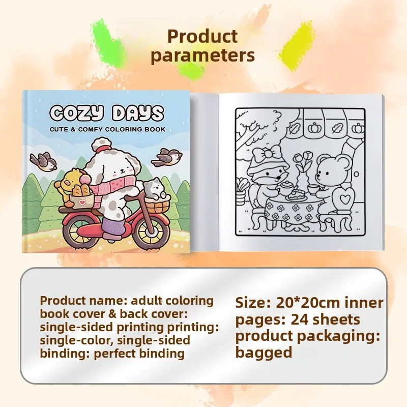 Cozy Days Coloring Book Cute Fluffy Dog Duck Cat Bike Country Animal Daily Simple Line Stress Relief Drawing Book - view 2