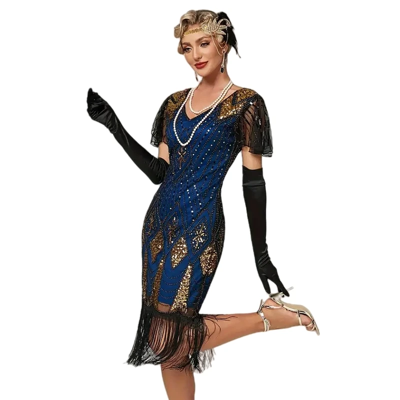 Sexy V-hals Vlinder Mouw Blauwe Pailletten Jurk Jaren 1920 Vrouwen Flapper Fringe Jurk Plus Size Gatsby Stijl Jurk 20s Kostuum