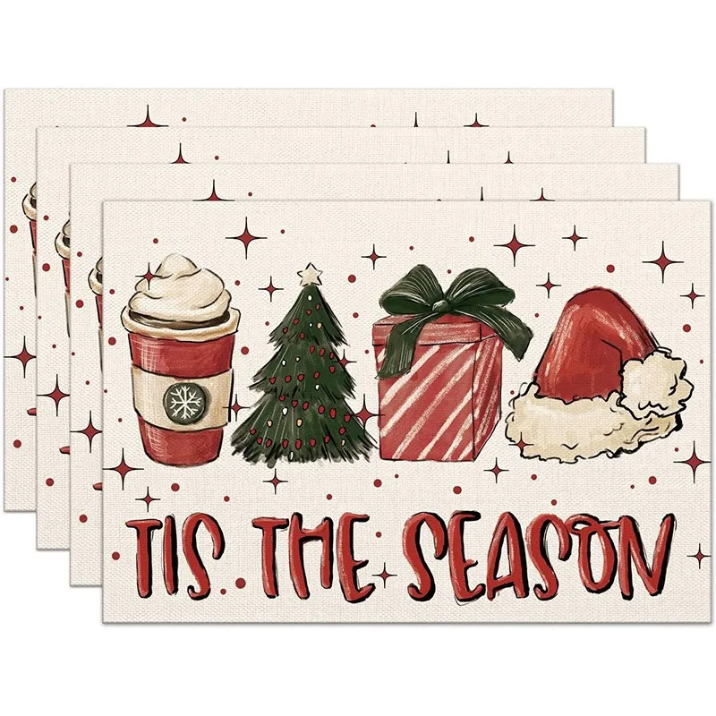 VIKAMA Linen Placemats Christmas Baubles Ornaments, Red White Gold, Stain Resistant Easy to Clean, Holiday Party