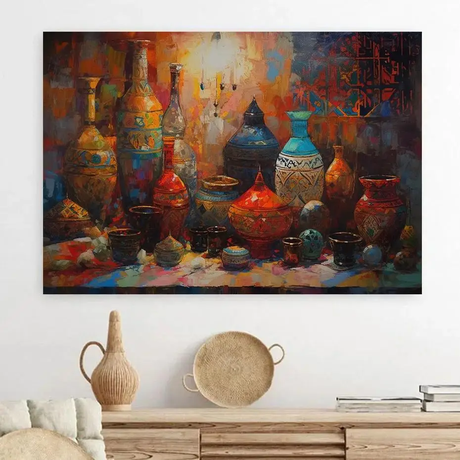 Vintage Moroccan Landscape Colorful Vases Glasses Canvas Poster Painting Middle Eastern Wall Art Pictures for Boho Home Decor