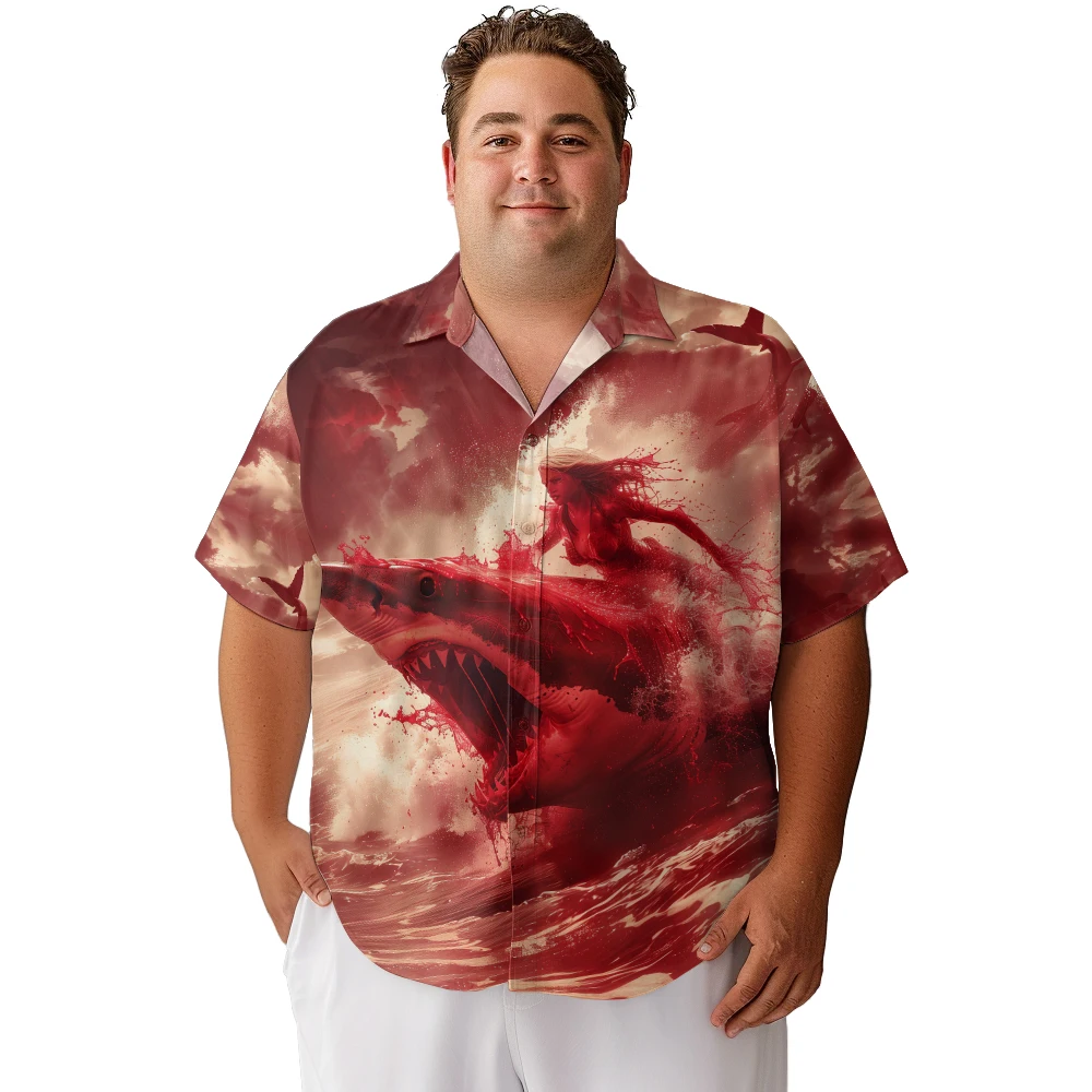 

2024 new Hawaii Men's shirts plus size Big red sea shark printed clothing casual short-sleeved