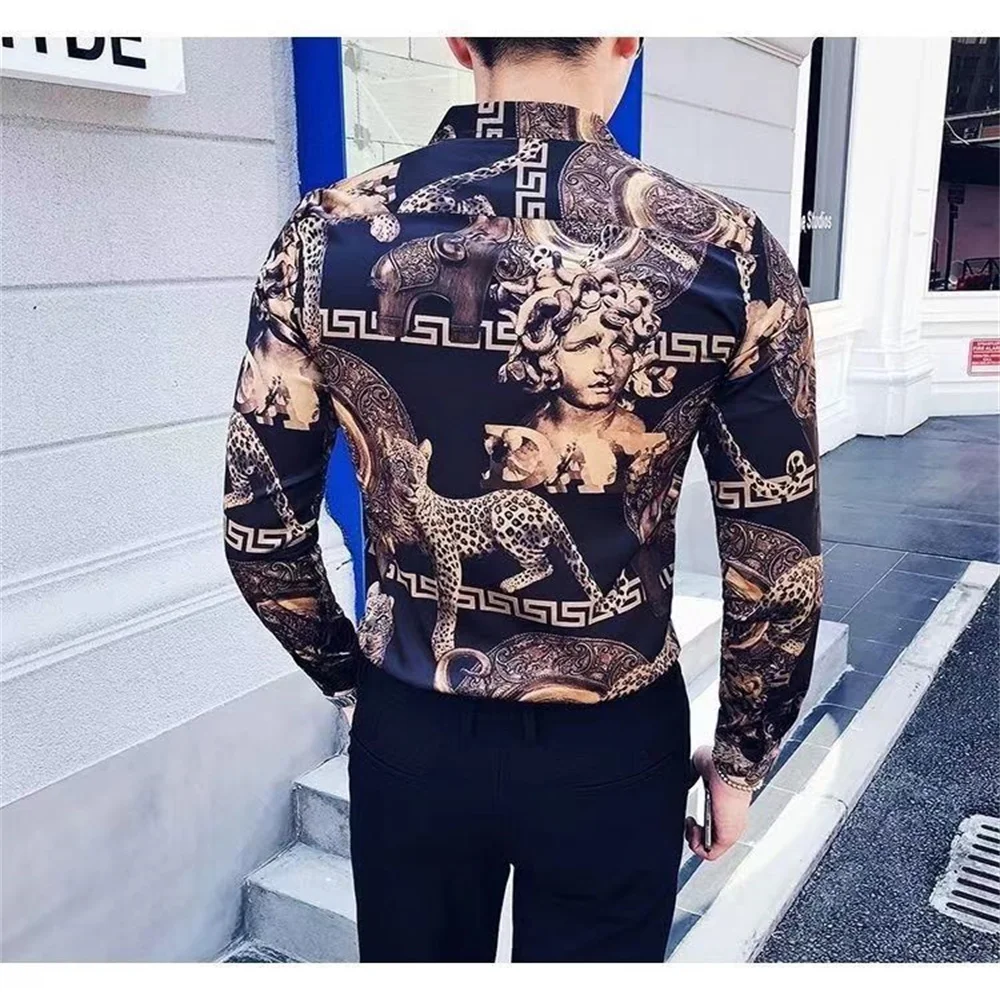 2024 autumn new personalized printed long-sleeved shirt male Korean version slim-fit British trend hair stylist floral shirt