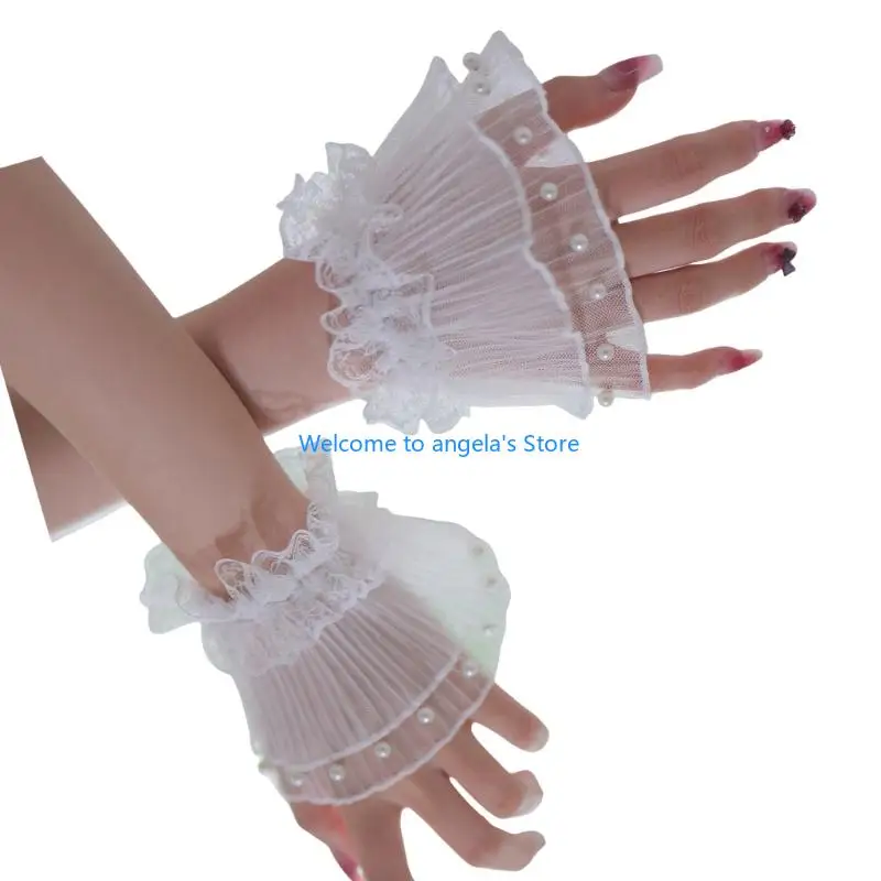 X4YC Fashion Artificial Pearls Cuff Sleeves Sheer Lace Flower Wrist Cuff Sleeves Elastic Wrist Decoration for Women Blouse