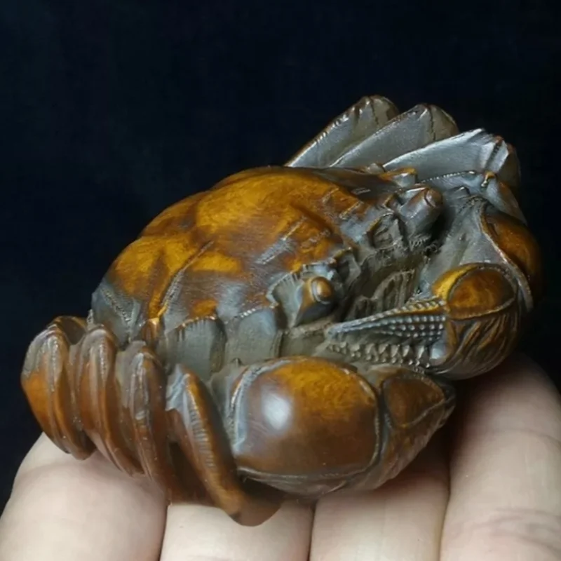 L 2.9 inch Chinese Boxwood Hand Carved crab statue netsuke Decoration Collection