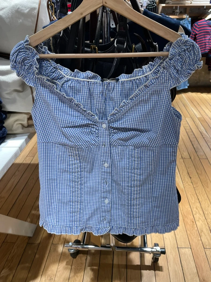 Blue Plaid Folds Blouse Top Women Casual Cotton Single Breasted Ruffle Sleeveless Tank Tops Vest Y2K Sweet Preppy Style Camisole