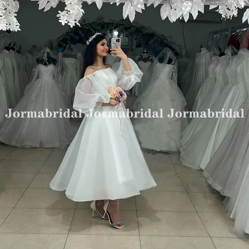 فستان زفاف برقبة قارب بطول الشاي وأكمام منتفخة صيفي على شكل حرف a فستان زفاف الشاطئ تركيا العروس فستان حفلات الزفاف حسب الطلب