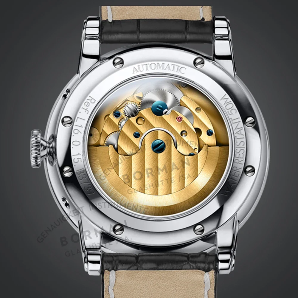 BORMAN Men Automatic Watch 42mm Mechanical Wristwatch Sapphire Mirror Skeleton Dial Week Date