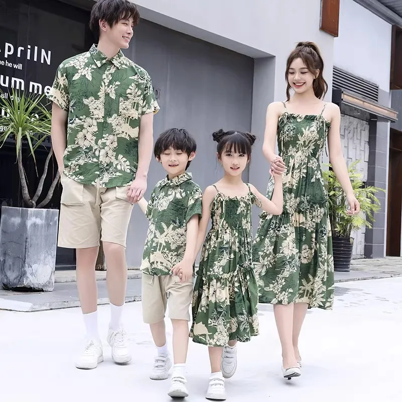 Summer Boho Family Matching & Couple Outfits Green Tropical Print Dress & Aloha Shirt Set for Mom Dad Kids Vacation Photoshoot