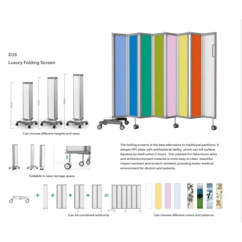 病院病棟3/4クリニック用移動式折りたたみ医療スクリーン、キャスター付き折りたたみカーテンスクリーン、高級折りたたみスクリーン