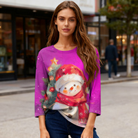 Christmas Tops Women'S Casual Pullover Three-Quarter Sleeve Round Neck Top Cute Graphic Print Fashion T-Shirt Comfortable Daily