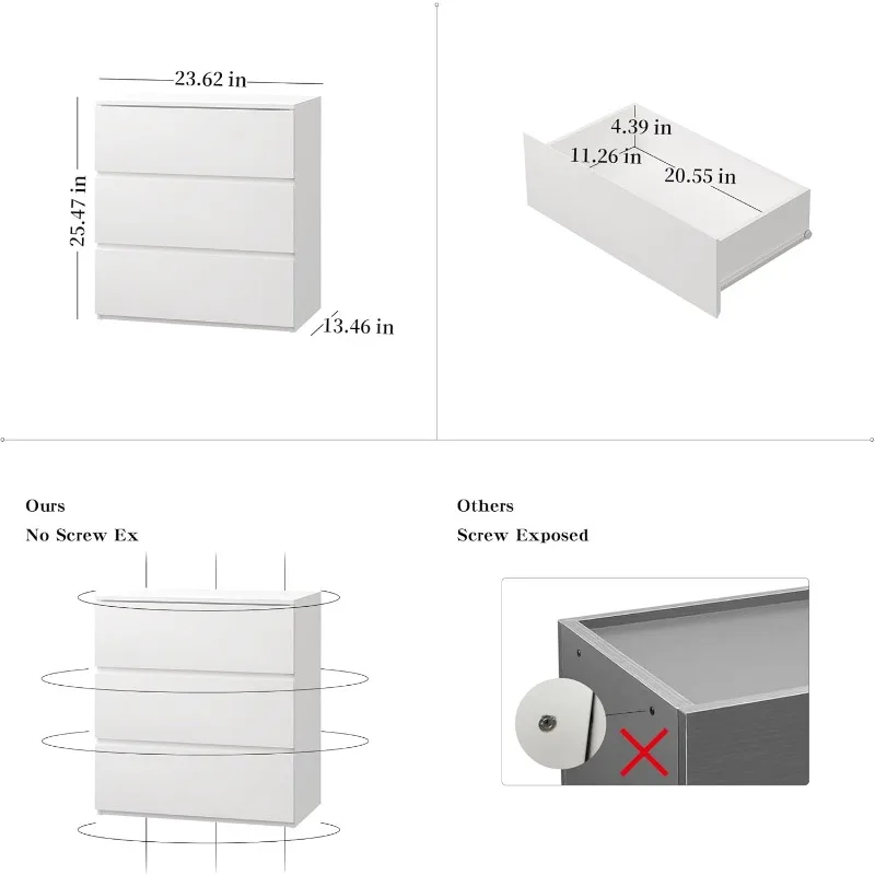 3 Drawer Dresser, Wood Chest Drawers with Storage for Closet, Bedroom, Living Room and Hallway, Drawers Dresser Bedside