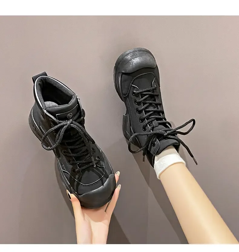 Women's Spring Autumn Leather High Top Casual Boots Thick Bottom Non Slip Durable Non Wrinkled Upper Round Toe Motorcycle Boots