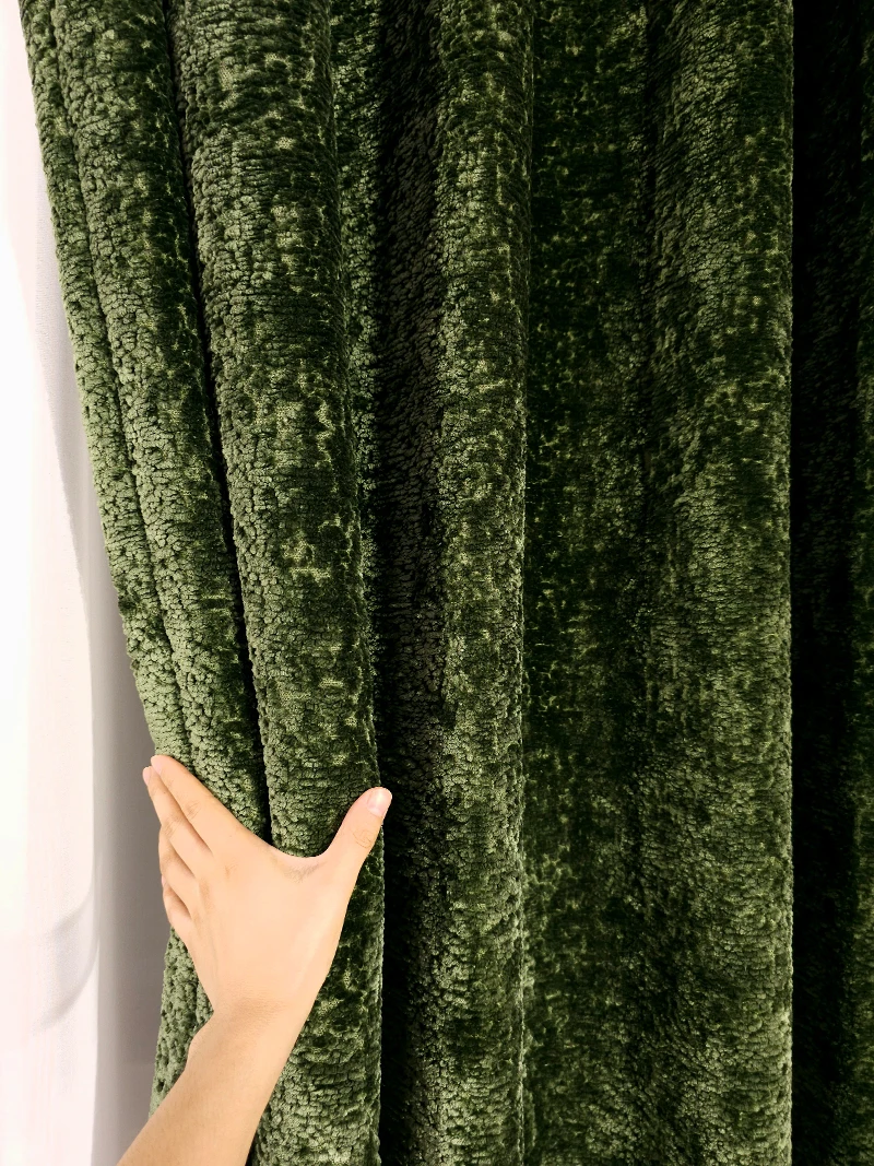 New Luxury Dark Green Chenille Thickened Warm Windproof Curtains for Living Room Bedroom Villa French Window Customized Finished