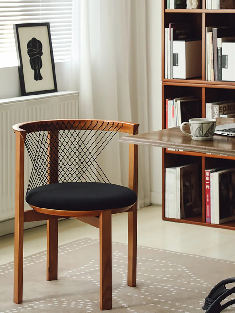 

Nordic Danish harp chair vintage rattan rope woven solid wood dining chair soft bag dining room backrest armrest chair leisure