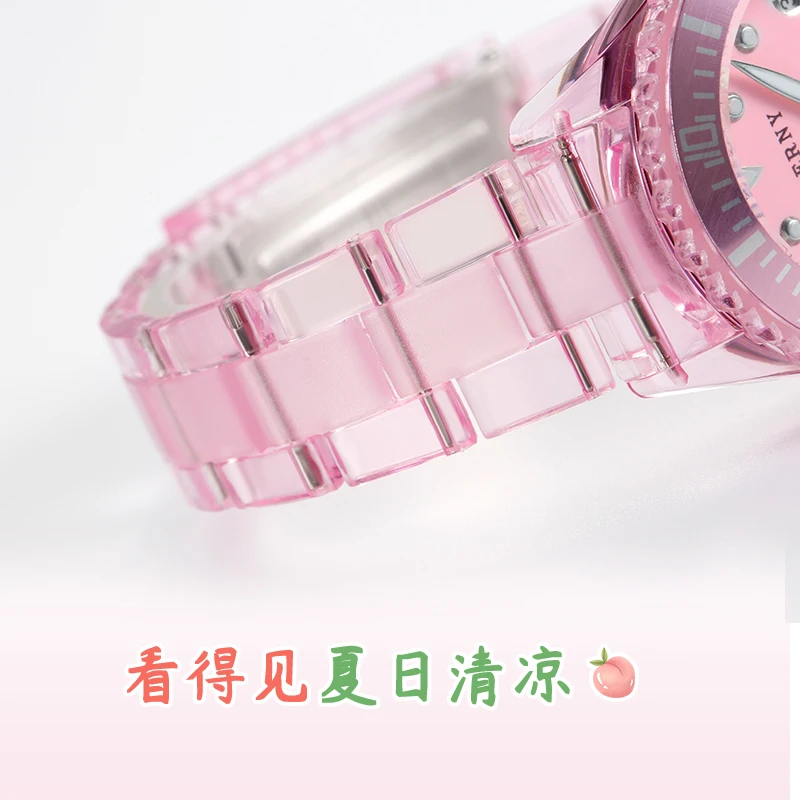 BERNY Quartz Watch Girls Fashion Quartz Wristwatch 3ATM Waterproof Ladies Watches translucent crystal pink peach