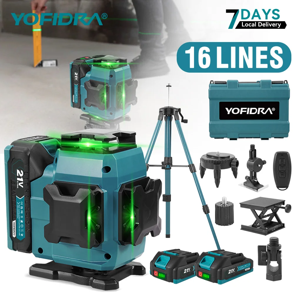 Niveau laser 4D YOFIDRA 16 lignes auto-nivelant 360° °   Outils de nivellement horizontaux et verticaux avec trépied de 1 m pour batterie Makita 18 V
