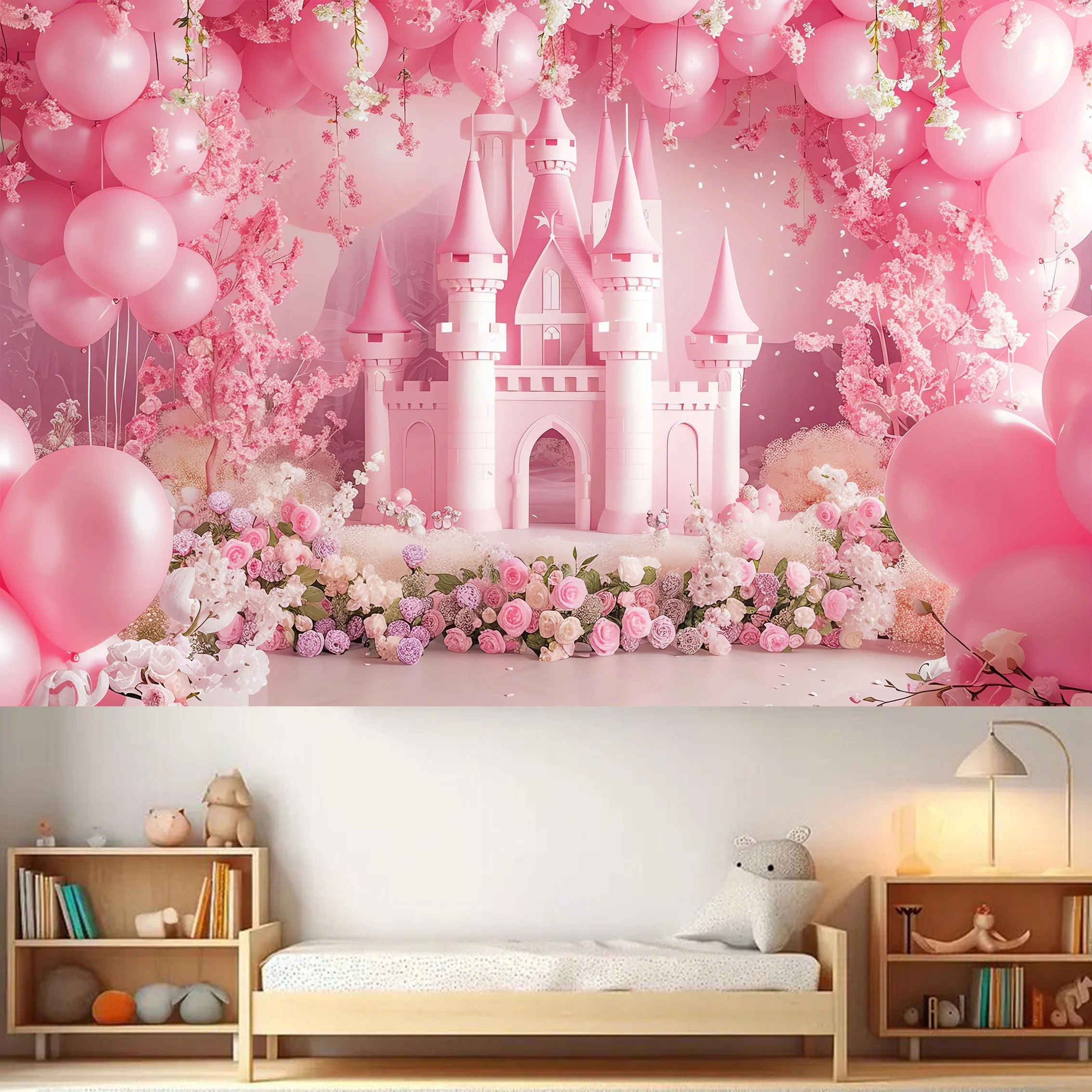 Fond de fête de princesse château rose, fête d\'anniversaire avec ballons arqués et motif floral