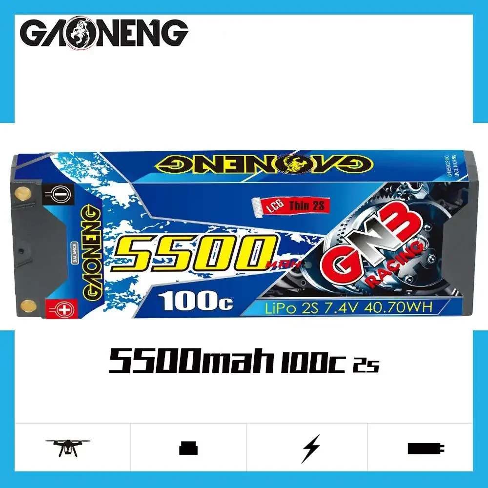 

GAONENG GNB 5500mAh 2S1P 7.4V 100C Low Profile Hardcase LCG Thin 2S Lipo Battery With 5.0mm XT60 Plug For 1:10 RC Race Car Boat