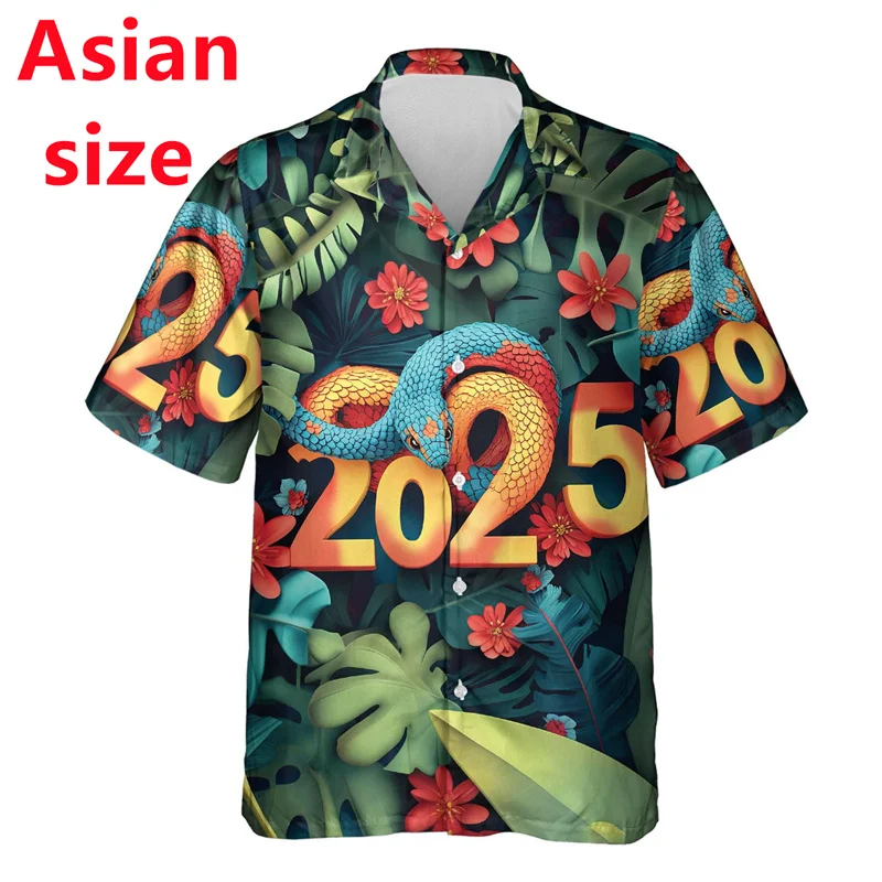 Year Of Snake 2025 3D Printed Shirts For Men Chinese New Year Beach Shirt Funny Gifts Short Sleeve Button Clothing Unisex Tops