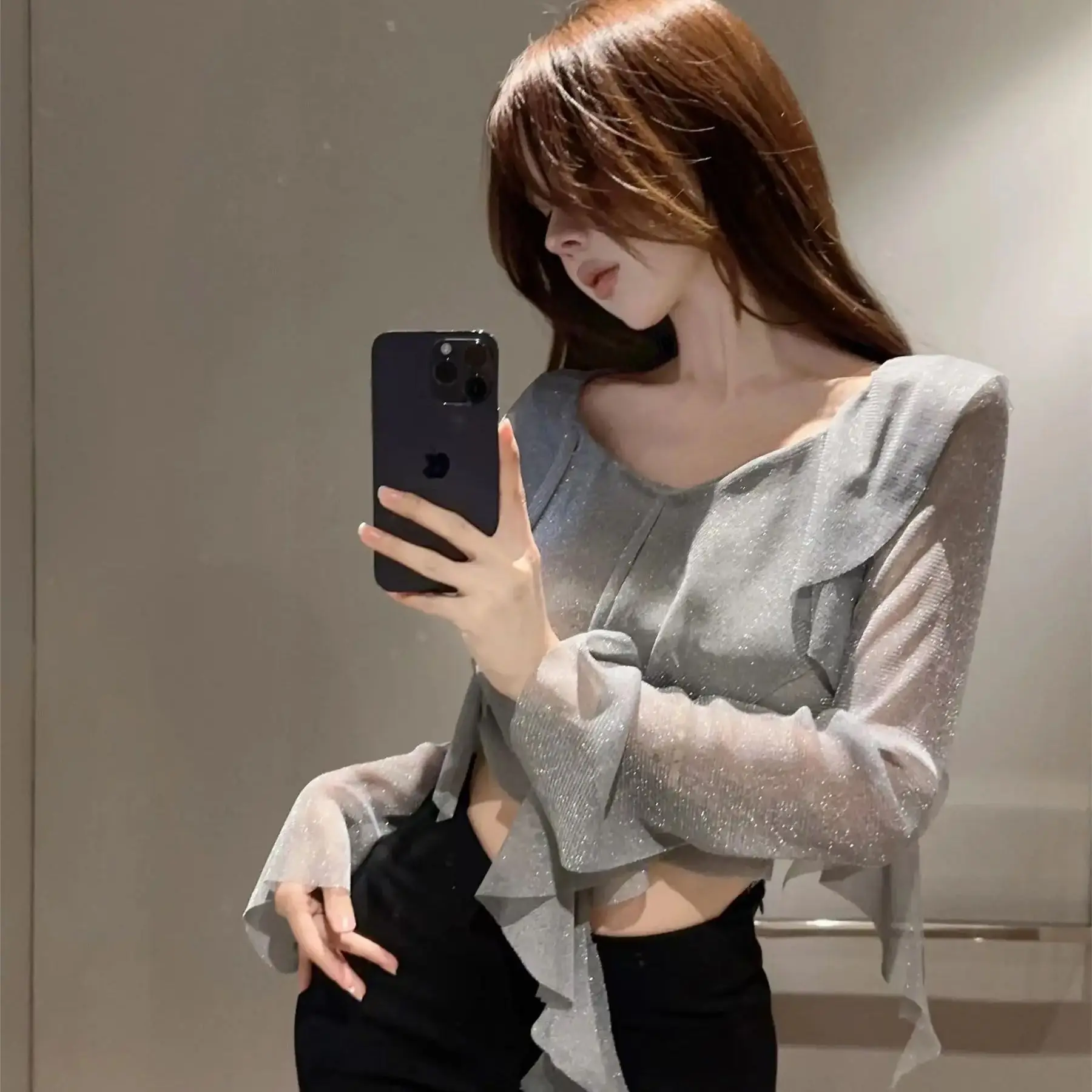 Ruffled High-Waist Navel-Baring Long-Sleeved T-Shirt Mesh French Retro Women Autumn Winter New Slim Short Top