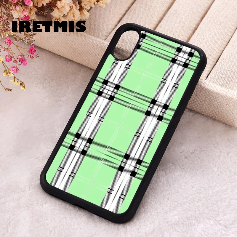 Iretmis Phone Cover Case For iPhone X XS Max XR 11 12 13 PRO MINI 14 15 16 Plus Rubber Silicone mint plaid green