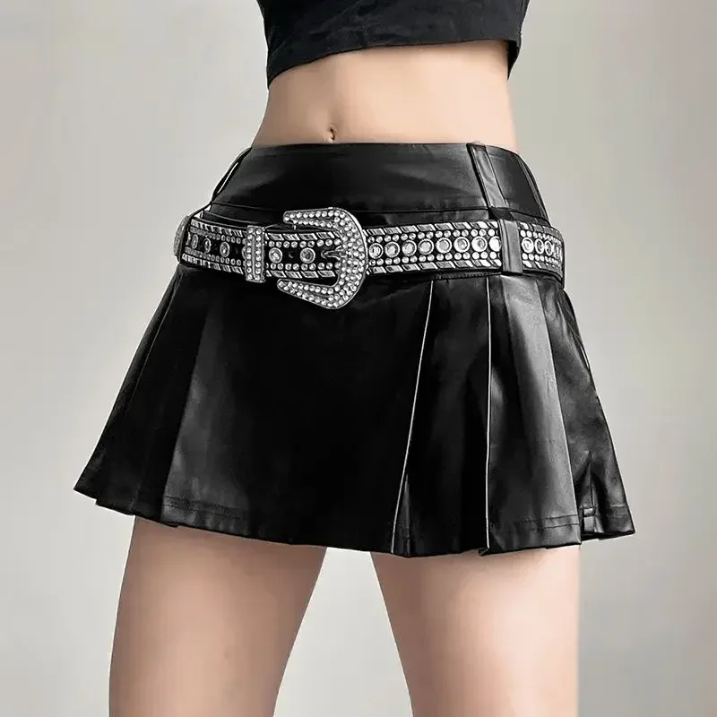 Summer 90s High Waist Solid A-line Metallic Skirt Gothic Punk Mini Skirt Y2k Silver Pleated Fashion Women Streetwear Black Skirt