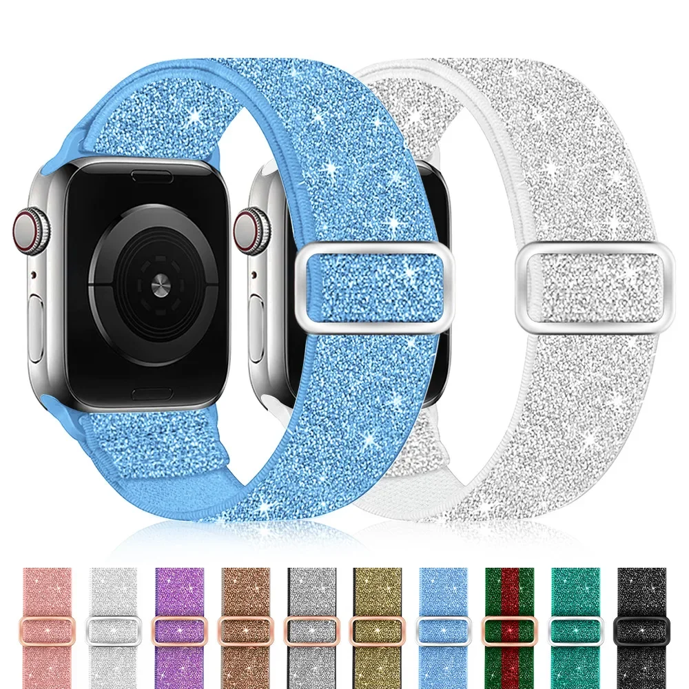 

Glitter Elastic Watchband for Apple Watch 9 8 7 6 5 4 3 2 1 Adjustable Buckle Sparkling Strap IWatch Series 45mm 44mm 42mm 41mm