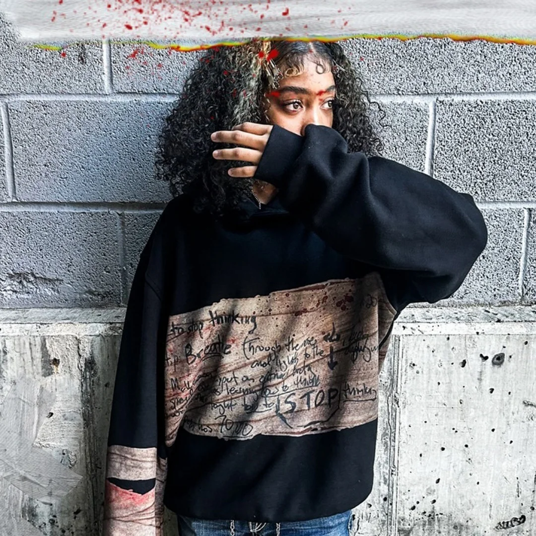 Sudadera con capucha gótica Y2K streetwear de gran tamaño para otoño invierno con mangas estampadas retro
