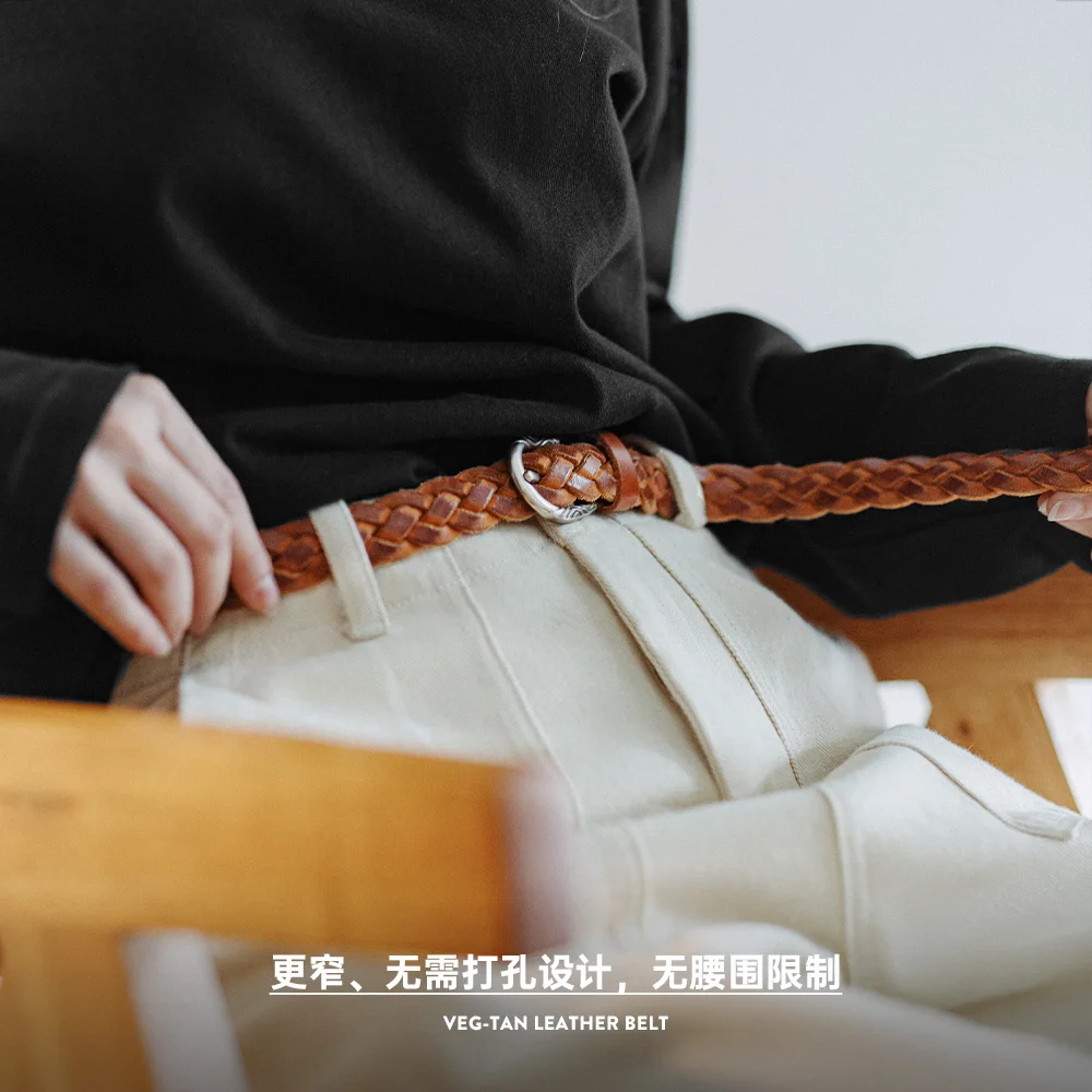 Maden Vintage Veg-Tan Cowhide Braided Belt for Women Leather Belt Simple Accessory Belts with 3 Strands of Weaving Craftsmanship