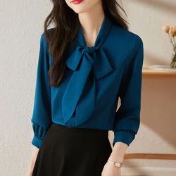 Women Autumn Winter Style Satin Blouses Basic Tops Lady Office Shirts Casual Bow Tie Collar Long Sleeve Loose Blusas Tops