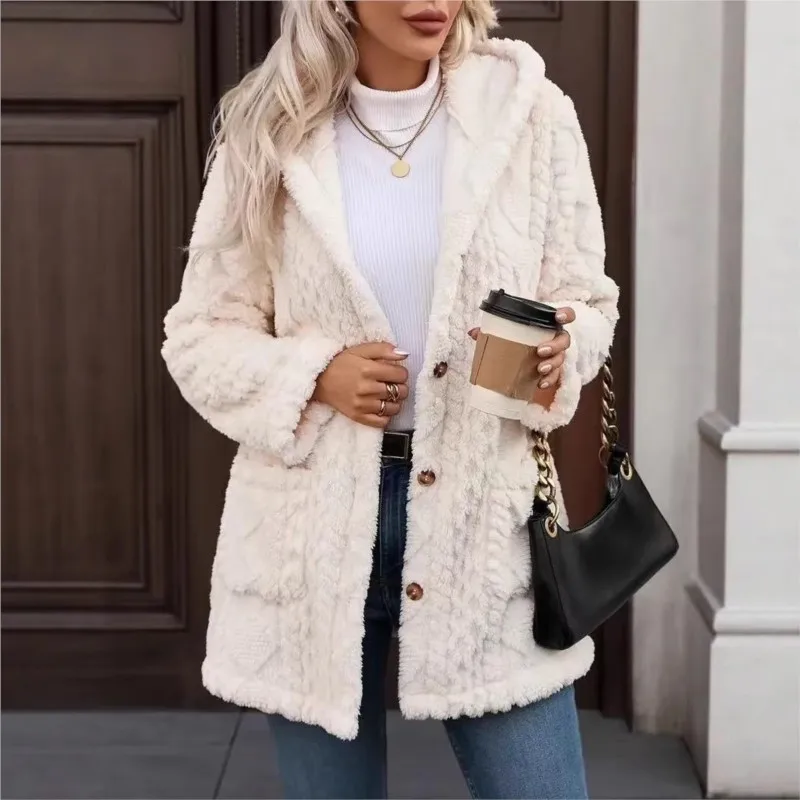 Winter Plush Warm Jacket Womens Button Solid Color Medium Length Hooded Versatile Dames Kleding Pull Hiver Femme Womans Clothing