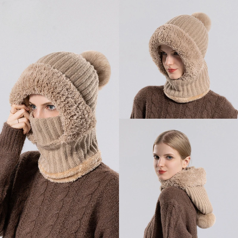 Women Hooded Cap Winter Velvet Knitted Woolen Balaclava Hat Ear Protection Fluffy Hat Lady Mask Neck Integrated Warmth Cover Hat