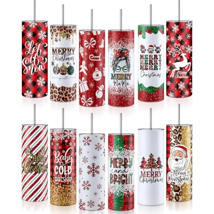 

12 Packs Christmas Tumblers Set 20 oz Stainless Steel Mugs Bulk with Lid and Straw Holiday Insulated Skinny Tumblers Travel Cup