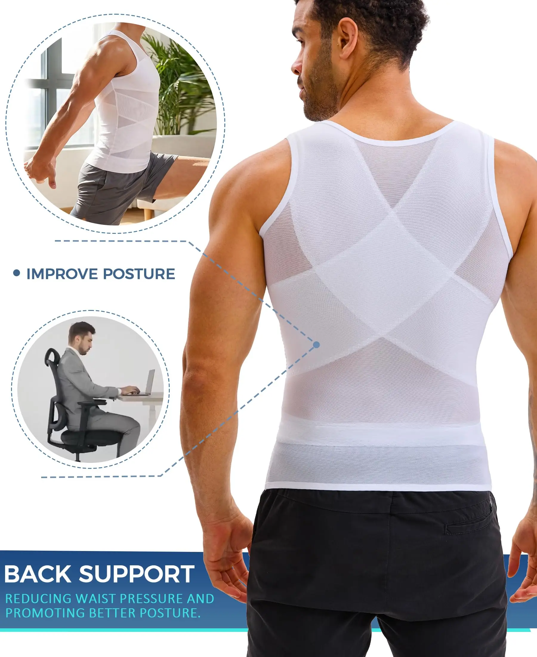 Shapershark Herren Kompressions-Shirt Schlankmachende Körperformer-Weste Gynäkomastie-Unterhemd Bauchkontrolle Shapewear Tanktop – Detail 8