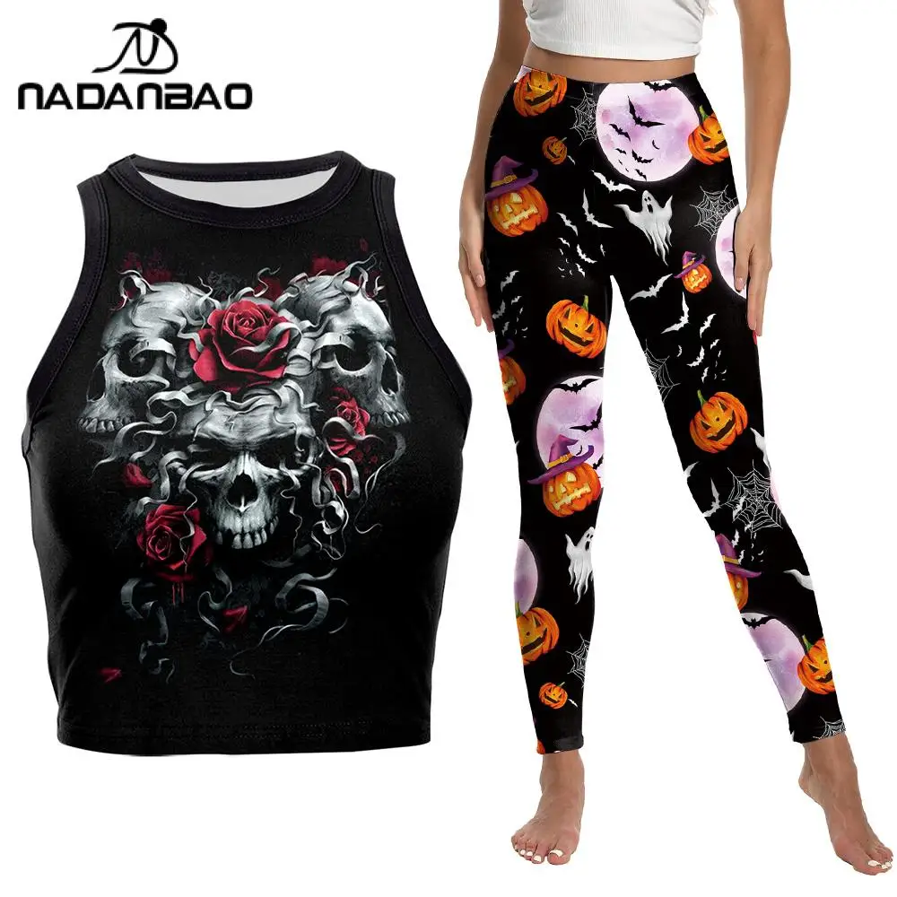 

Nadanbao модные женские брюки на Хэллоуин, комплект Y2K, готические черные леггинсы, укороченные топы с принтом черепа и розы, женский жилет для спортзала, брюки