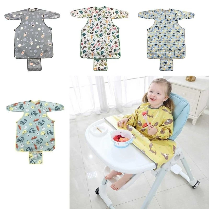 

J15U Newborn Long Sleeve Bib Coverall with Table Cloth Cover Dining Chair Gown Saliva Towel Burp Apron