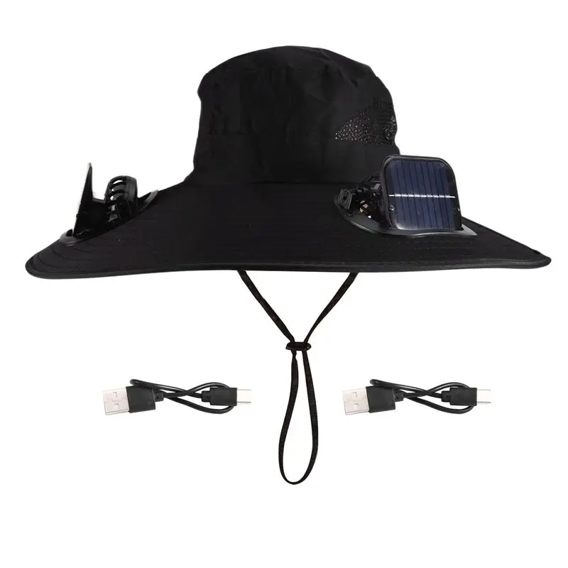 

Dropship-Solar Fan Hat USB Rechargeable Dual Cooling Fans Sun Protection Cap For Men Outdoor Hiking Fishing Wide Brim