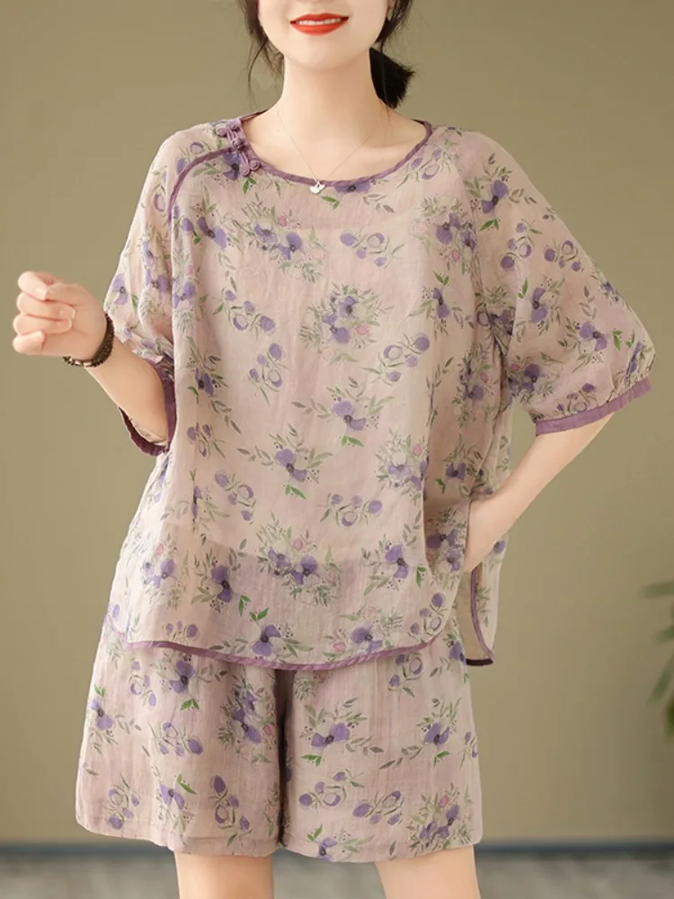 

Легкий комплект из хлопка и льна, женские летние брюки больших размеров с широкими штанинами, утягивающий комплект из двух предметов с принтом