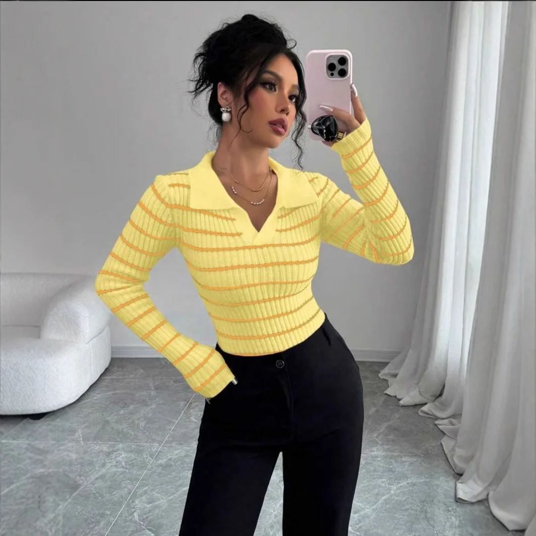2025 Autumn Winter Women Solid Rib Knit Blouse V Neck Stripe Pull Sweater Femme Y2k Pullover Street Jersey Tops Fashion Clothes