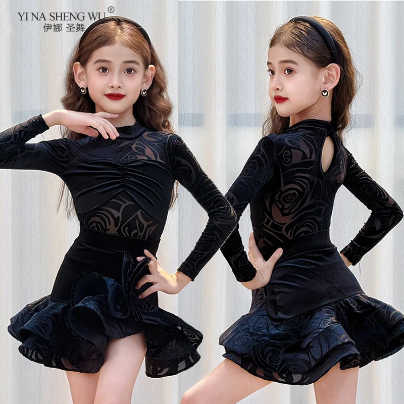 فستان أداء الرقص اللاتيني السالسا للفتيات زي الرقص المنافسة قاعة الرقص القياسية للأطفال فستان سامبا تانجو اللاتينية